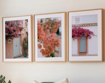 Mediterranean Wall Art Set of 3, Spanish Door Photography Prints, Bougainvillea Decor, Coastal Home Wall Art
