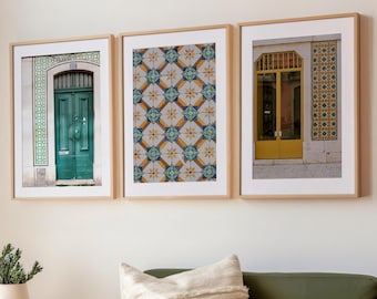 Set med 3 Lissabon-tryck, Portugal-väggkonst, färgglad dörr- och kakelfotografi, resegallerivägg, utskrivbar väggkonst