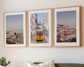 Lisbon Wall Art Set of 3 Prints, Portugal Photography, Yellow Tram Print, European Travel Gallery Wall, Printable City Decor