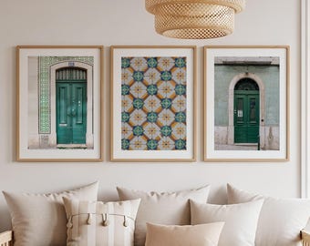 Lisbon Wall Art Set of 3 Prints, Portugal Photography, Mediterranean Decor, Green Door & Tile Gallery Wall Art