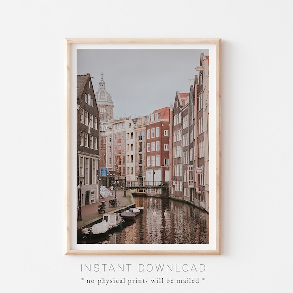 Amsterdamse gracht printbare muurkunst, reisposter, Amsterdamse reisprint, grachtenpand kunst aan de muur, Amsterdam print, drijvende huizen print