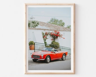 Red Convertible Car Print, Red Bougainvillea Art Print, Botanical Red Decor, Vintage Car Print, Retro Car Print, Floral Botanical Wall Art