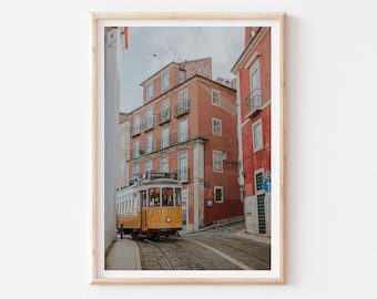 Lisbon Tram Photo, Lisbon Architecture Print, Tram 28 Lisbon, Architectural Wall Decor, Yellow Terracotta Travel Wall Decor, Portugal Poster