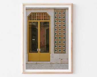 Mustard Yellow Door, Yellow Green Tile, Lisbon Tile Photography Print, Travel Gift, Azulejos Art Portugal Print, Portuguese Tile Decor