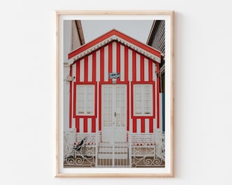 Red Stripes House, Travel Poster, Travel Gift, Portugal Art, Portugal Wall Art, Beach House Decor, Beach House Print, Seaside Architecture