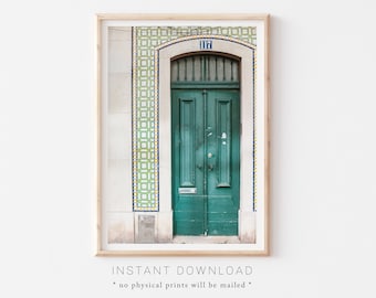 Lisbon Green Door Print, Portugal Wall Art, Travel Gift Wall Art, Portugal Poster, Portuguese Tile, Photography DOWNLOADABLE Print, Colorful