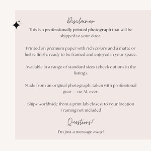 Puede incluir: Una tarjeta informativa de color rosa claro con texto en negro. El encabezado dice Disclaimer, seguido de detalles sobre una fotograf&iacute;a impresa profesionalmente en papel premium con acabado mate o brillante. Indica que no usa IA y que no incluye marco. Al pie dice Questions? I'm just a message away!