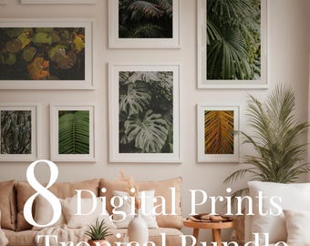 Tavelväggsset med tropiska löv – 8 stämningsfulla gröna gula fotografier, set med konsttryck av djungelväxter för modern inredning, utskrivbar väggkonst