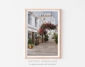 Andalusien utskrivbar väggkonst, rosa bougainvillea-tryck, Spanienfotografi, blomsterkonsttryck, södra Spanien-tryck, Spanien-reseaffisch