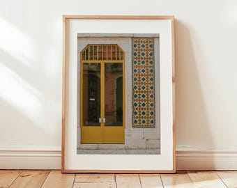 Mustard Yellow Door, Yellow Green Tile, Lisbon Tile Photography Print, Travel Gift, Azulejos Art Portugal Print, Portuguese Tile Decor