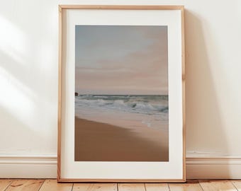 Rosa boho strand utskrivbar väggkonst, rosa solnedgångsfototryck, strandtema studentrumsdekor, vågor havstryck, sommar tropiskt kustsovrum