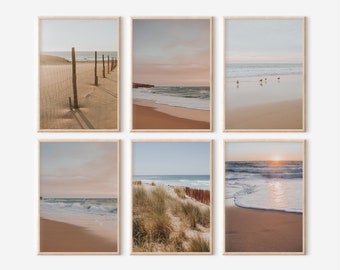 Beach Coastal Set of 6 Prints, Summer Printable Wall Art, Beach House Wall Decor, Seagulls Art Print, Surfer Wall Art, Beach Fence Printable