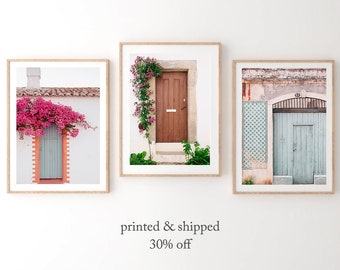 Travel Prints Set of 3 Doors, Pink Door Prints, Set of 3 Door Wall Art, Floral Door Artwork, Flower Door Photo Print, Portugal Wall Art