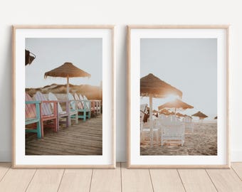Kusttryck Set med 2, Pastellfärgad strandväggkonst, Boho sommardekor, Solnedgångsfotografi, Utskrivbar tavelväggkonst vid havet
