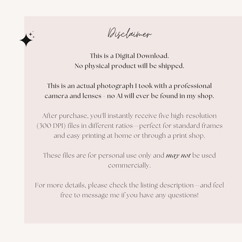 May include: A digital download disclaimer on a light pink background. The text states that no physical product will be shipped and that the files are for personal use only. The text is in a handwritten style font.