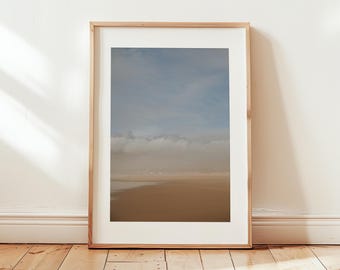 Strandtryck för vardagsrum, minimalistisk strandfoto, neutral väggkonst för sovrum, modern heminredning, stort strandlandskap