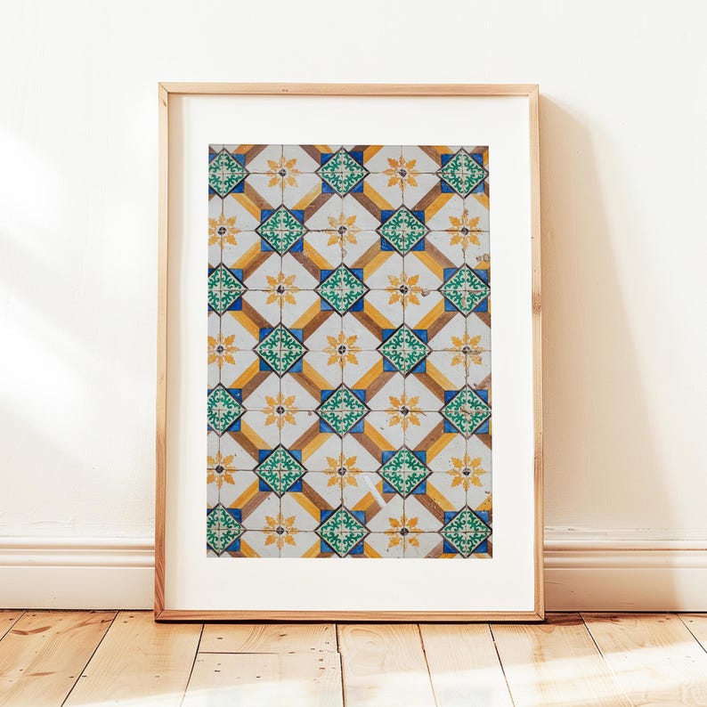 Green Yellow Tile Download Print, Portuguese Tiles, Printable Wall Art, Portuguese Tile Poster, Rustic Wall Art, Lisbon Azulejo Tile Art image 1