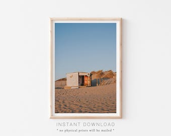 Strandsommartryck, utskrivbar väggkonst med kustmotiv, väggdekor med sandstrand, sommarfotografitryck, bohemisk sommarhuskonst, vardagsrumsinredning