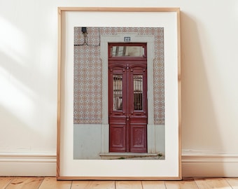 Burgundy Red Door Photograph, Lisbon Door, Lisbon Tile, Travel Photography, Garnet Portugal Photo, Housewarming Gift, Print of European Door