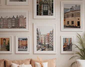 Presentposters med arkitektur och resor, skandinavisk väggkonst för vardagsrum, 8 digitala fototryck, väggdekor med fotografi och bokhylla