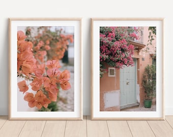 Bougainvillea Mint Door Print Set of 2, Mediterranean Wall Art, Summer Printable Decor, Countryside Prints, Pink Rustic Printable