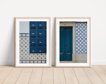 Lissabon konsttryck set om 2, reseposter, marinblå kakeldörr, Portugaltryck, resefotografidekor, inflyttningspresent