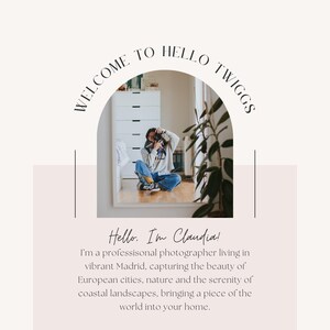 May include: A promotional image with the text "WELCOME TO HELLO TWIGGS". The image features a person taking a photo in front of a mirror. The text "Hello. I'm Claudia!" is also included, along with a description of the photographer's work.