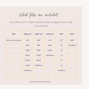May include: A beige graphic with text detailing included files and print sizes. The text reads "What files are included?" and lists file ratios and sizes, including 4x6 inches, 8x12 inches, and 11x14 inches.