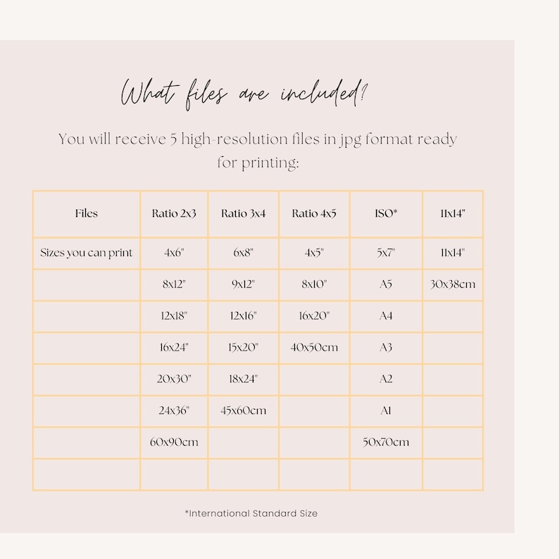 May include: A beige graphic with text detailing included files and print sizes. The text reads "What files are included?" and lists file ratios and sizes, including 4x6 inches, 8x12 inches, and 11x14 inches.