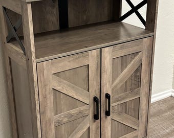 Farmhouse Barn Door Storage Cabinet, Adjustable Shelf Organizer, Black Rustic Home