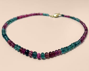 Natural Tourmaline Beaded Necklace – 18K Gold Clasp – 39cm – Ombre Gradient Pink & Teal – 4mm–7.5mm