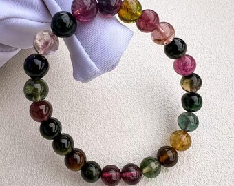 Natural Tourmaline Crystal Bracelet – 7.5mm Rainbow Beads | October Birthstone Jewelry
