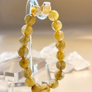 Golden Rutilated Quartz Bracelet – 10mm / 11mm Round Beads, Premium Grade Crystal, Handmade Stretch Wealth & Focus Stone