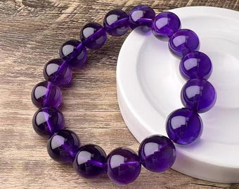Natural Amethyst Bracelet 14mm | Deep Purple Crystal Beads | Energy Healing Jewelry | Gift for Her | Handmade