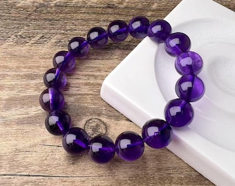 Natural Amethyst Bracelet 12mm | Deep Purple Crystal Beads | Healing Jewelry | Gift for Her | Handmade