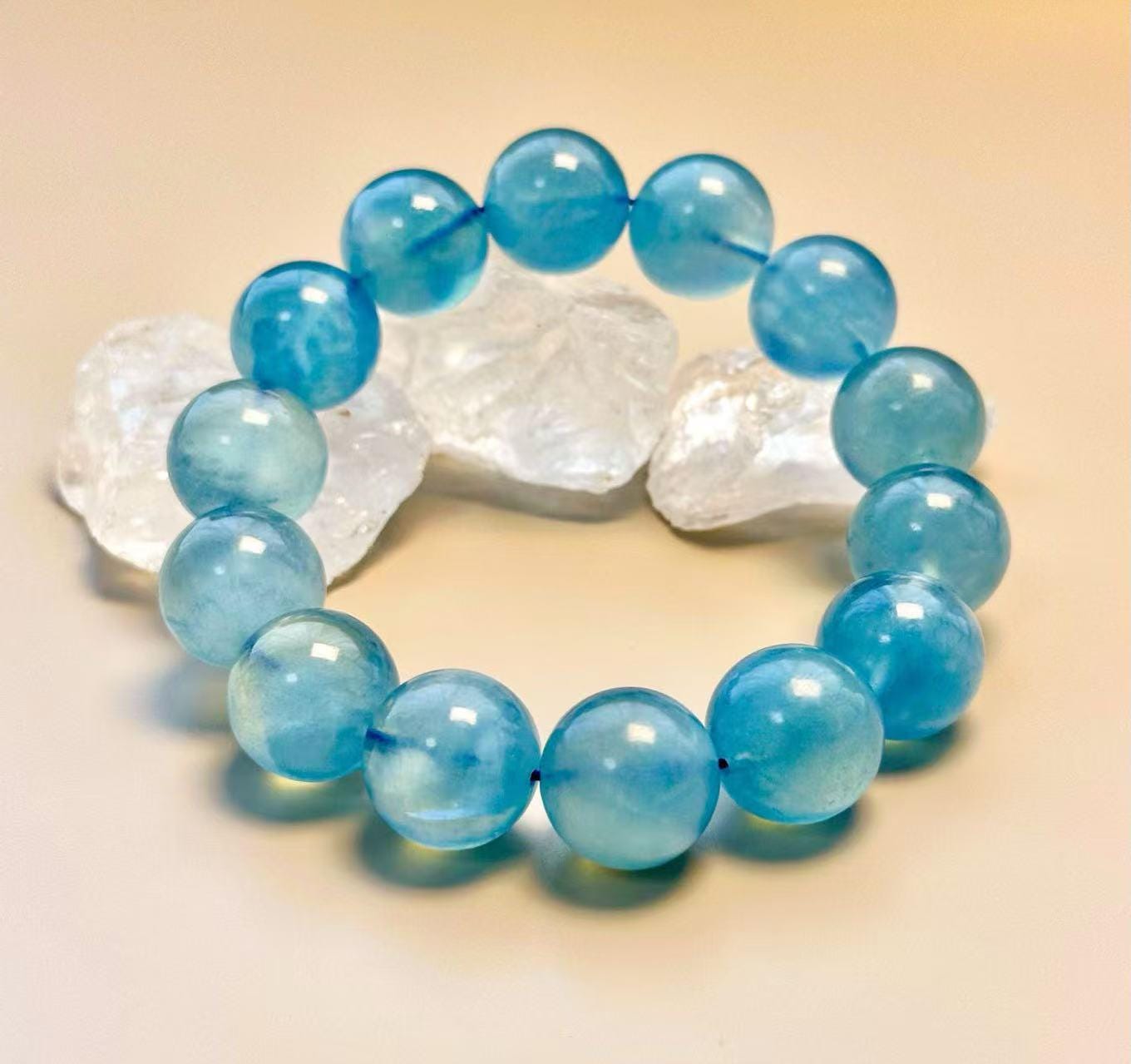 Natural Aquamarine Bracelet 16mm – Bold Blue Gemstone Beaded Jewelry for Men or Women