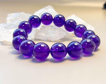 Natural Amethyst Bracelet – Deep Purple 10mm / 14mm Round Beads, Elastic Handmade Crystal Jewelry, Spiritual Gift