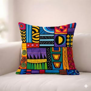May include: Square throw pillow with a vibrant, geometric design. The pillow features a patchwork of colorful shapes in red, blue, yellow, orange, and purple. The design includes stripes, circles, and other abstract patterns. The pillow is on a white couch.