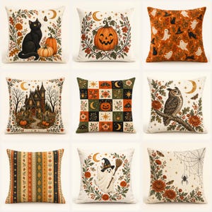 May include: A set of nine square throw pillows featuring various Halloween-themed illustrations including a black cat, jack-o'-lanterns, ghosts, a haunted house, an owl, a witch ghost, and spiderwebs, all rendered in a warm autumn color palette.