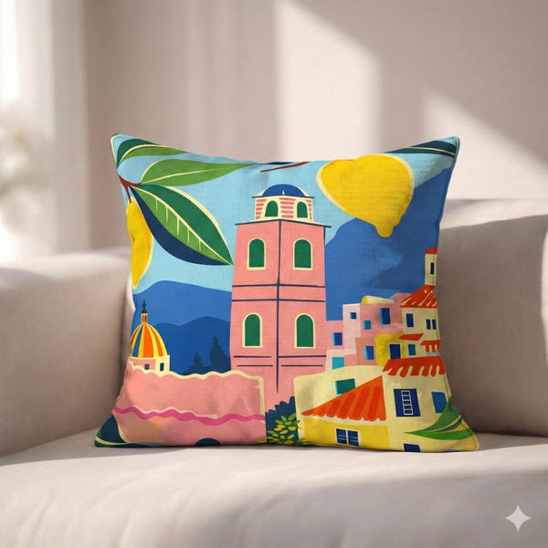 Mediterranean Lemon Village, Throw Pillow Cover, italian coastal art, Amalfi style houses, Statement Accent