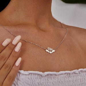 14K Gold Bat Name Necklace: Personalized Halloween Jewelry