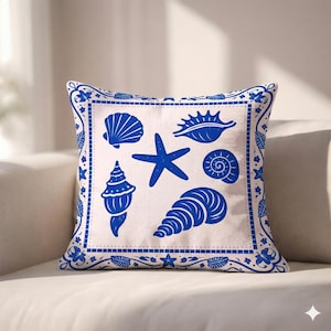Ocean Relic Panel, Throw Pillow Cover, blue shell print, coastal border art, Gallery-Inspired Decor