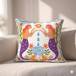 Lunar Siren Pair, Throw Pillow Cover, mirrored mermaids, folk sea art, Mood-Lifting Decor