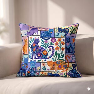 Gatos de arte popular, funda de cojín, cuadrícula felina floral, acento bohemio de gatitos, decoración dopaminérgica