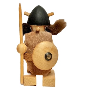 MCM Vintage Wooden Viking Figurine - Wood and Fur, Leather Vest, Horned Helmet - Unique 1950s Gift for Viking Enthusiasts