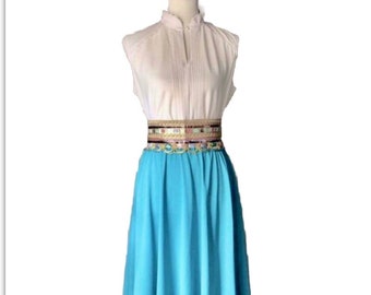 Jane Baar New York Dress 1980s Turquoise and Off White Sleeveless Dress High Collar Work Wear Everyday Sweet Feminine Summer Spring Mid Calf