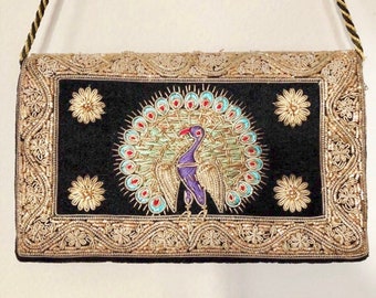 Peacock Design Goldwork Embroidered Purse Zari Zardozi Style 1950's Evening Purse Clutch Metallic and Velvet Stunning Snap front Long Strap