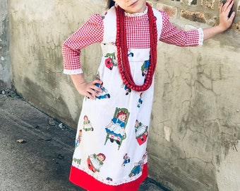 Raggedy Ann and Andy Vintage Pinafore Dress - Sweet Red Gingham with Eyelet Lace Details, Prairie Style, Below the Knee