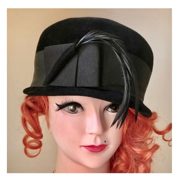 Deluxe Velour Velvet Hat Huge Grosgrain Ribbon and Feathers Small Brim 1950's Super Cute Black on Black Dressy and Large Winter Fall Pretty