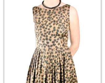 1950's Saks Fifth Avenue Silk Dress - Milk Chocolate Brown with Charcoal Black Flowers - Sleeveless & Flirty - Size 2 - Vintage Elegance!